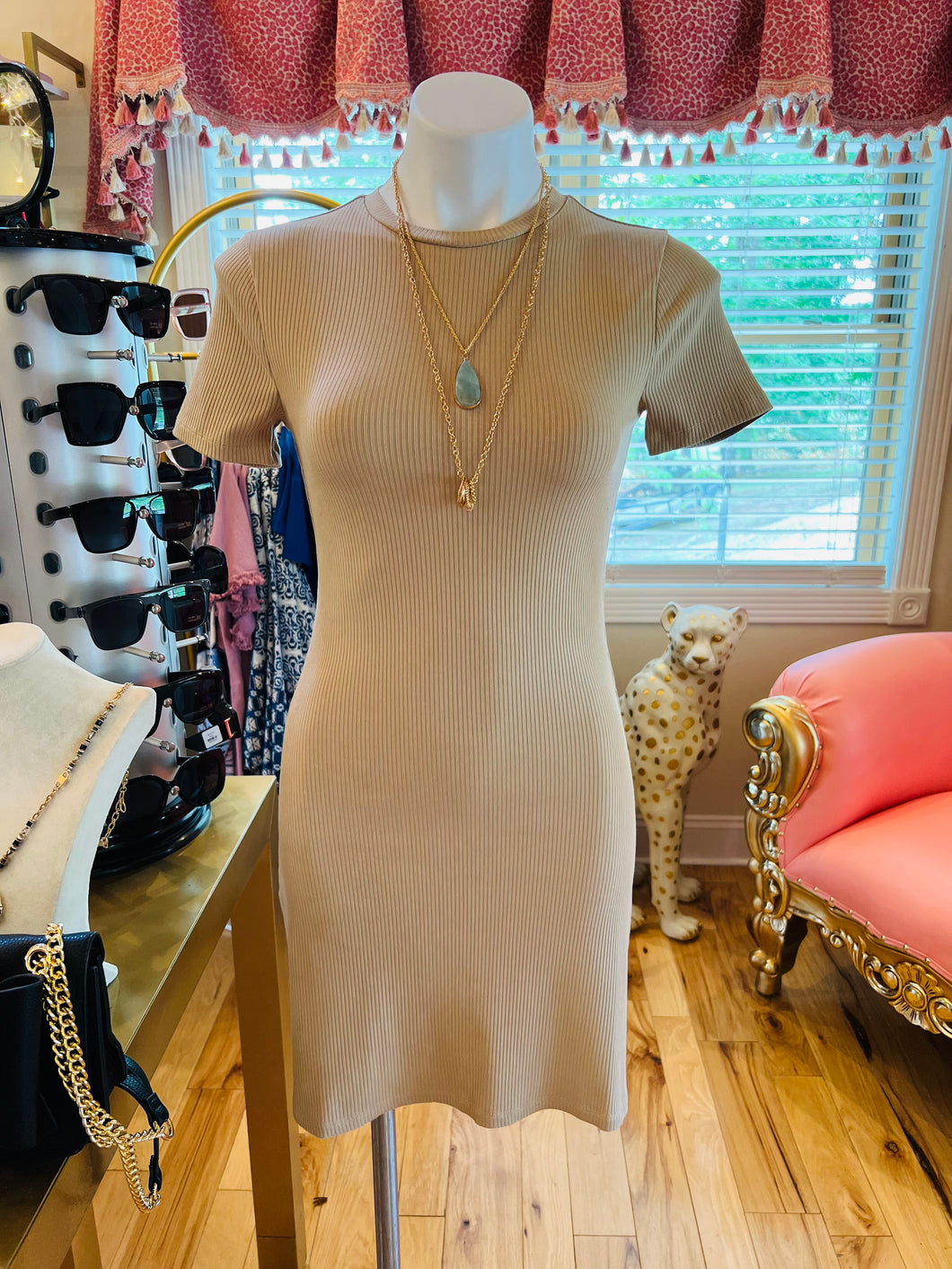 Taupe Ribbed Short Sleeve Dress